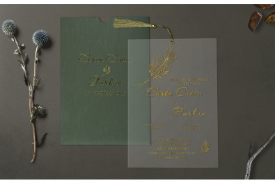 Bohem Stylish Yeşil Kaplı Şeffaf Asetat Düğün Davetiyesi BH300