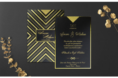 Bohem Stylish Siyah Düğün Davetiyesi BH254