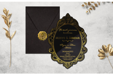 Bohem Stylish Siyah Asetat Düğün Davetiyesi BH237