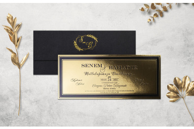 Bohem Stylish Siyah Düğün Davetiyesi BH249
