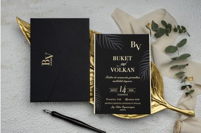 Bohem Özel Siyah Düğün Davetiyesi BH47