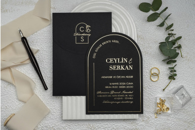 Bohem Siyah Düğün Davetiyesi BH144
